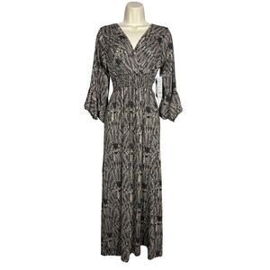 NEW! Lapogee V Neck Wrap Dress Elastic Waist Geo Print Midi Casual Spring - S